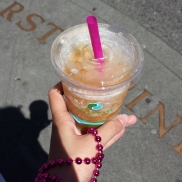Apple cider slushie (with the free beads I got on my hand), Pike Place Market, Seattle